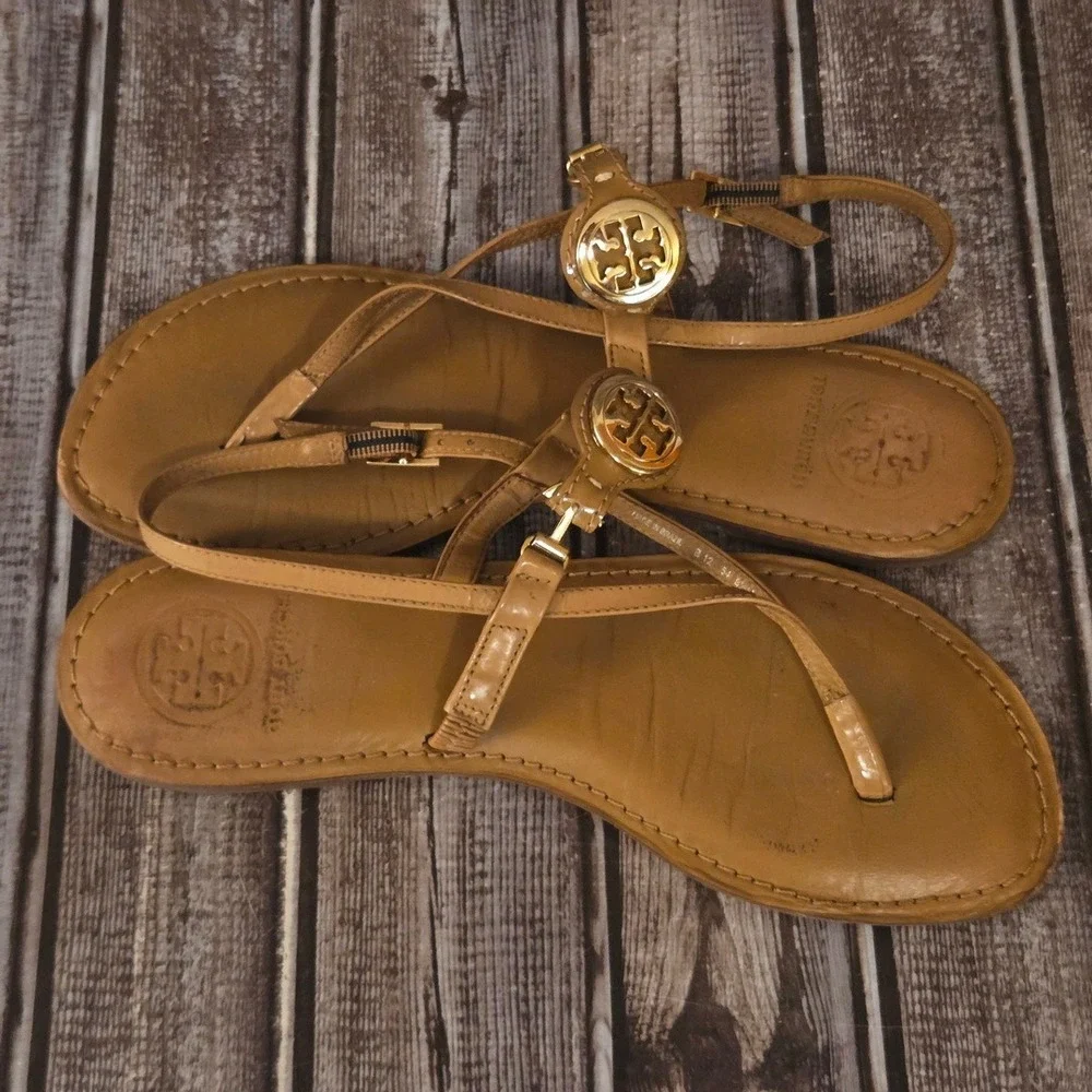 Sz 8.5 M Tory Burch Ali Brown Leather Gold Logo Thong Flat Sandals VGUC!